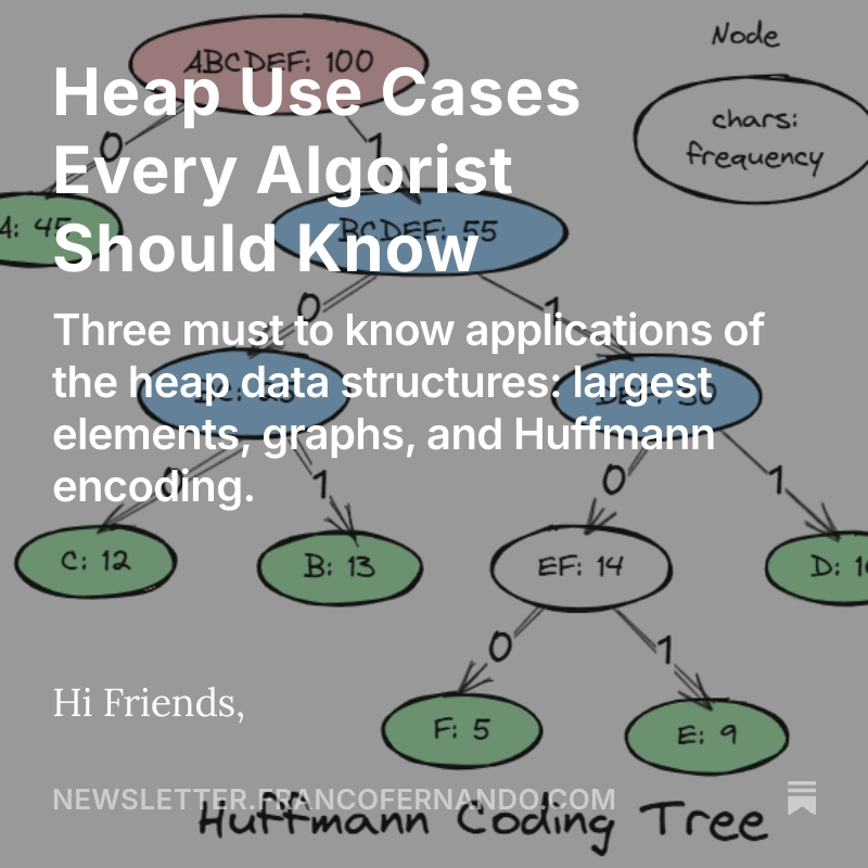 EngPolymathic's tweet image. The 146th issue of the Polymathic Engineer is out. 

This week, we talk about some important practical applications of the heap data structure:

- Priority Queues

- Finding the K Largest Elements

- Graph Algorithms

- Huffman Coding

Read it here:

newsletter.francofernando.com/p/heap-use-cas…