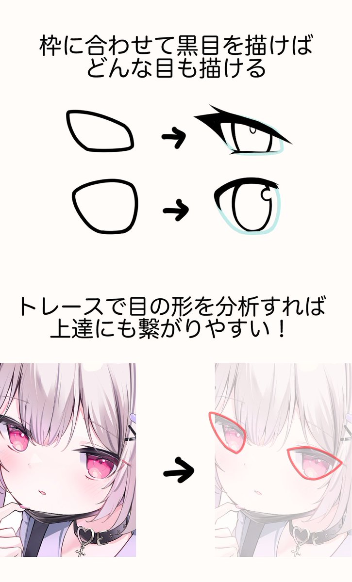 ✧目の描き方✧

ウルトラマンのような目を描いてから清書することで、どんな絵柄の目も違和感なく描けます✨
目の描き方が安定しない人は意識してみてね 