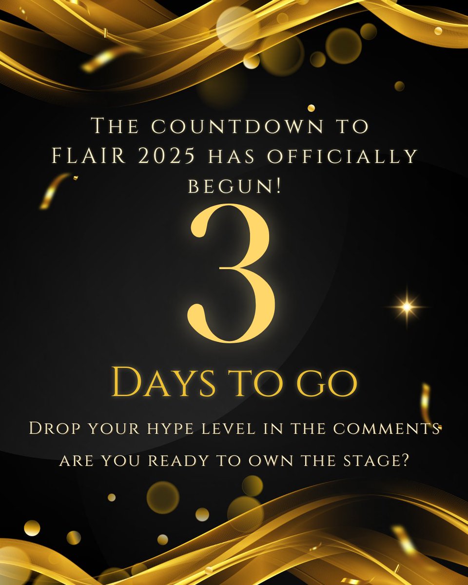The stage is set, the lights are glowing — and the FLAIR fever is about to ignite! ⚡

Just 3 days until the most electrifying celebration of the year lights up QUEST! 

Tag your crew, turn on the hype, and let the countdown begin! 🔥
#FLAIR2025 #QuestChandigarh #3DaysToGo