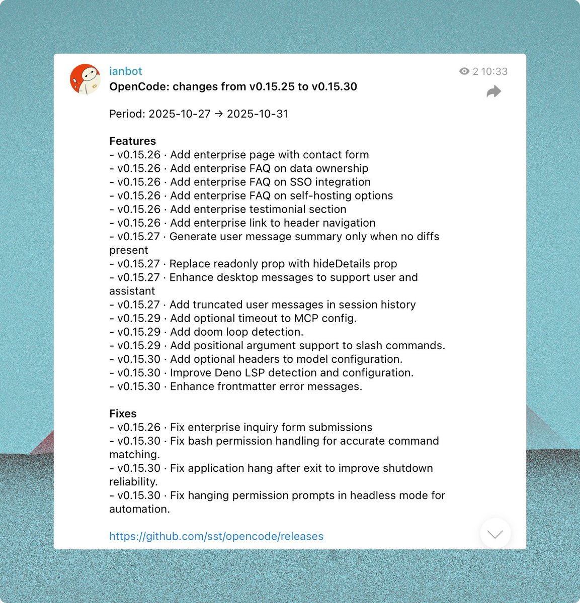 Estou trabalhando em resumos semanais das alterações de ferramentas de codificação de IA para o Telegram e talvez pare c