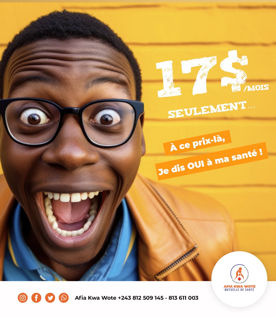 Afiakwawote's tweet photo. Avec Afia Kwa Wote, ma santé assurée, mon sourire garanti ! 😁

Plus d’informations: +243 812 509 145 https://t.co/tIz8vrOj9I
