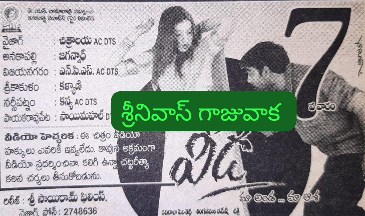 SRINIVA7002262's tweet photo. 👉మాస్ మహారాజ  
#Veede 
#వీడే(31/10/2003)
ఈ చిత్రం ఉత్తరాంధ్ర జిల్లాలలో 4 కేంద్రాలలో డైరెక్ట్ 50 డేస్ 
👉వైజాగ్:చిత్రాలయ 70MM 
👉అనకాపల్లి:జగన్నాథ్
👉విజయనగరం:NCS 
👉పాయకరావుపేట:సాయి మహల్ https://t.co/Wy3nrYtu7E