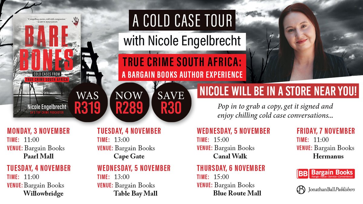 BargainBooksSA's tweet image. Calling all true crime sleuths…

@the_pod_one kicks off her Cold Case Tour at BB Paarl.  She’ll be unpacking real South African cases.Her gripping book, Bare Bones, will be available for R289, and yes—she’ll be signing copies. 

The truth is out there.

@JonathanBallPub
