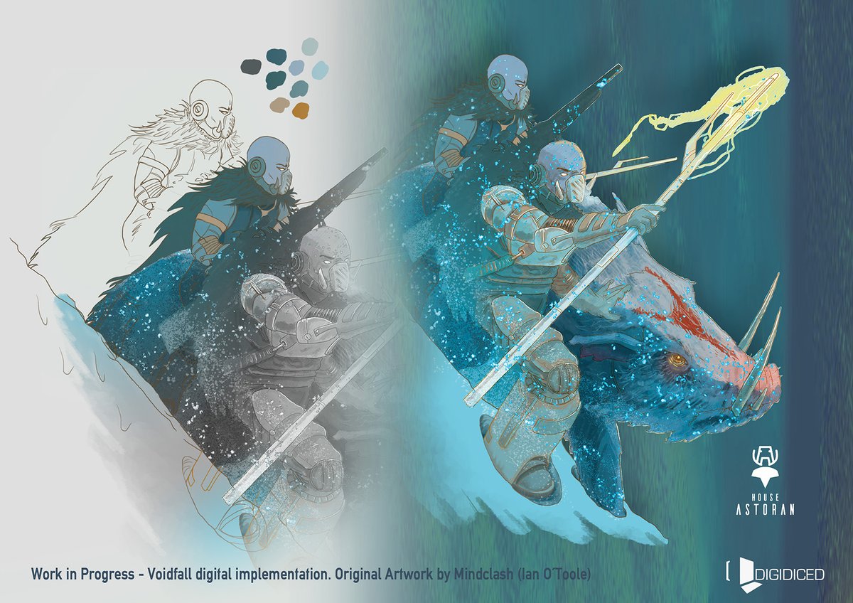 It is always a great experience to dive into the universe of a board game. House Astoran emerged from an ice planet with harsh living conditions. The war beast on their side makes you even more curious about their lore.
(based on artwork by Ian O`Toole).
#voidfall #digidiced