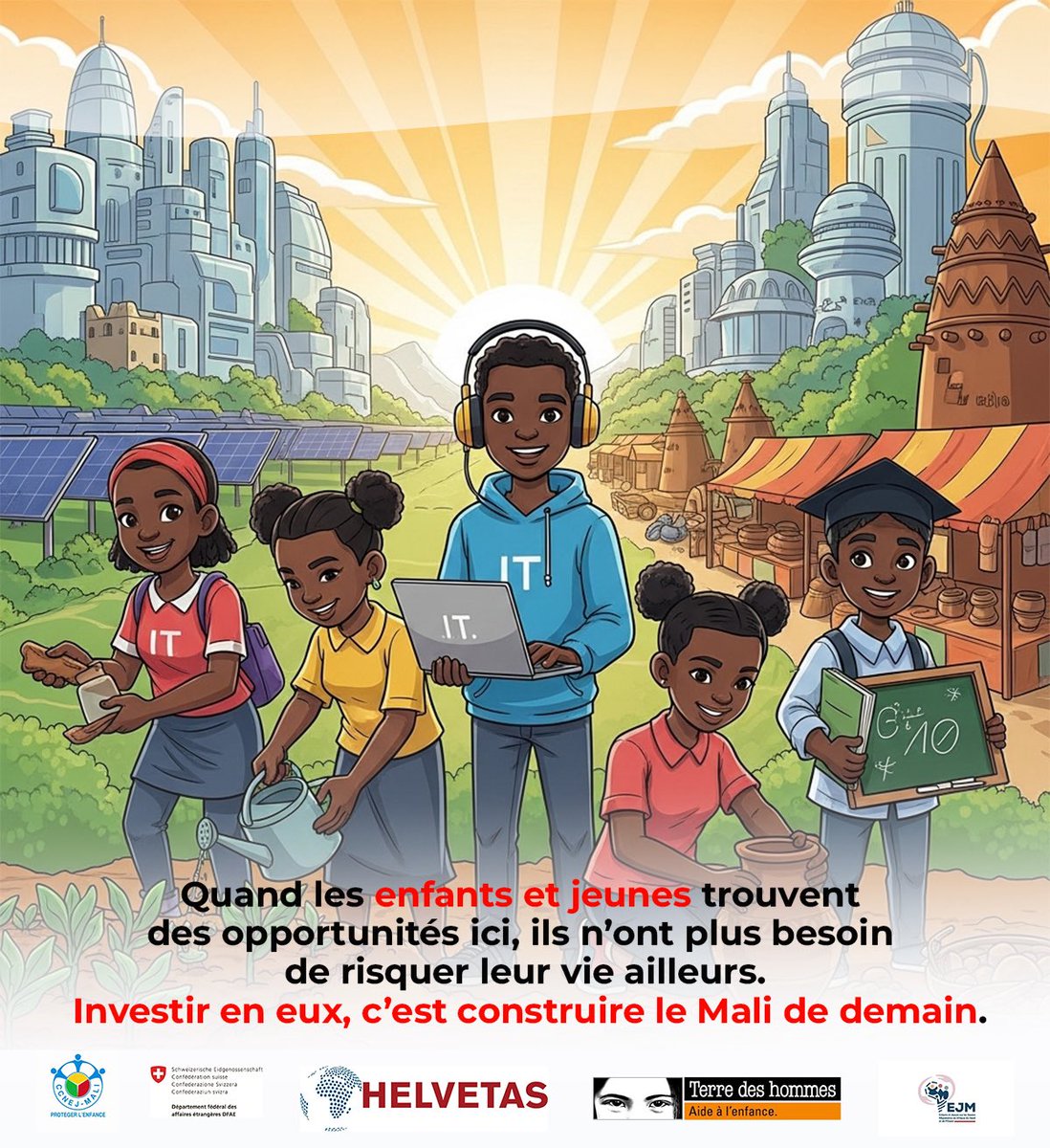 Quand les enfants et jeunes trouvent des opportunités ici, ils n’ont plus besoin de risquer leur vie ailleurs.
💬 Investir en eux, c’est construire le Mali de demain.

#CCNEJ #TerreDesHommes #EnfantsEtJeunes #MobilitéSûre #Espoir #PlaidoyerJeune #AvenirDesJeunes