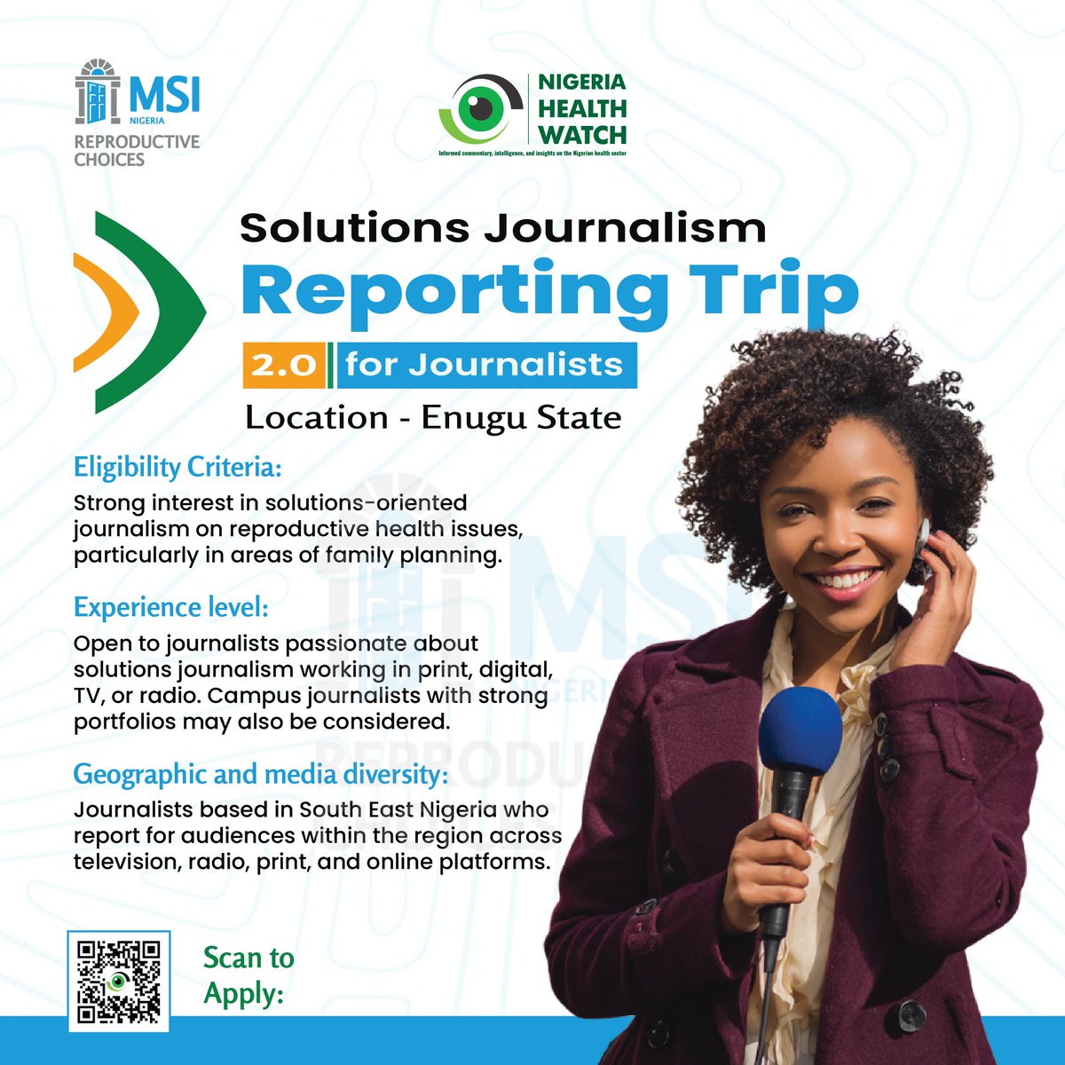 nighealthwatch's tweet photo. Are you a journalist or storyteller passionate about solutions journalism, family planning, and reproductive health, especially for audiences in South Eastern Nigeria? 

Apply for the Enugu Field Reporting Trip, organised by @msichoicesng in partnership with Nigeria Health Watch. This is your chance to report on what’s working, not just what’s missing. 

Deadline: Nov 7, 2025
Apply here: https://t.co/OxZYs2GqZd
#SoJoNigeria