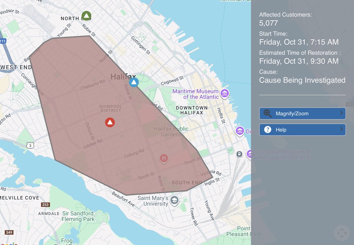 Q104 Update: Power outage in Halifax. More info below. Treat all intersections with no stops as 4-way stops.
