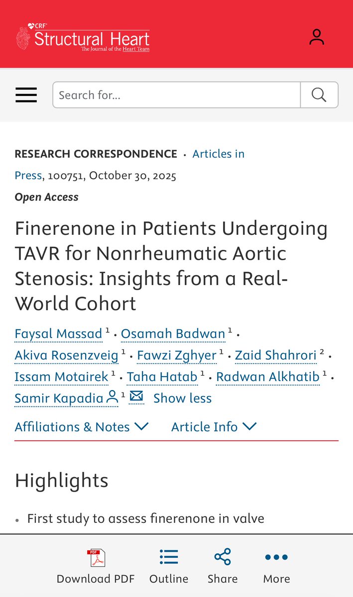 Excited to share our new 📄 is now in press in <a href="/crfshj/">Structural Heart</a> <a href="/crfheart/">Cardiovascular Research Foundation</a> 

✅ First study to assess finerenone in valve replacement patients

🫀 Finerenone linked to fewer heart failure events after valve replacement

🟰 Long-term outcomes similar between finerenone and other MRAs

🔗