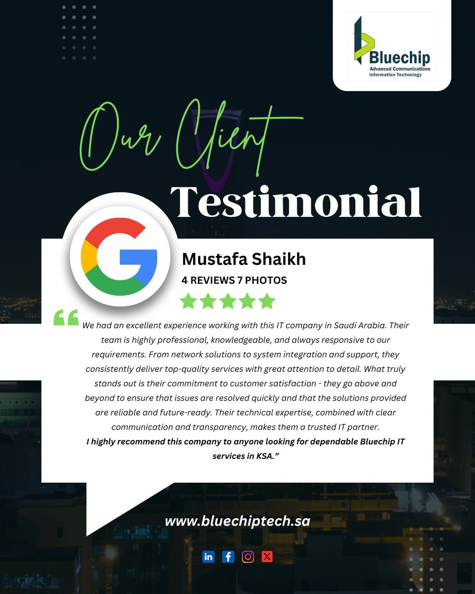 bluechip_tech's tweet image. 🌟 Client Testimonial Spotlight! 🌟

Thank you, Mustafa Shaikh, for your kind words and confidence in our team! 🙌

We’re committed to going above and beyond, every project, every time. 💙

🌐 bluechiptech.sa

#bluechiptech #clientsuccess #testimonial #customerreview