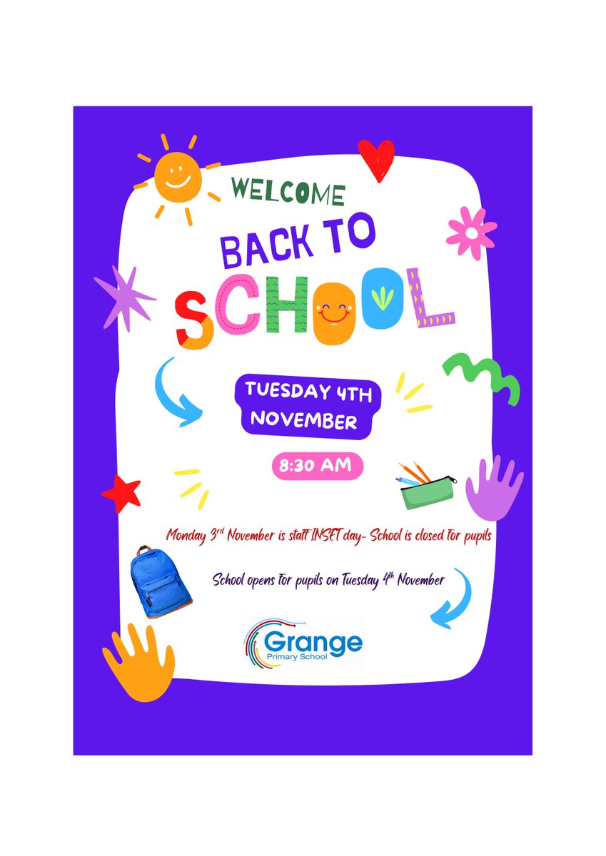 REMINDER: <a href="/GrangeHarrow/">Grange Primary Harrow #Anti-racism #inclusion</a> 
Monday 3rd November 2025 is Staff training day. School is closed for pupils.

Tuesday 4th November 2025: School opens for pupils at 8:30am. 🏫
