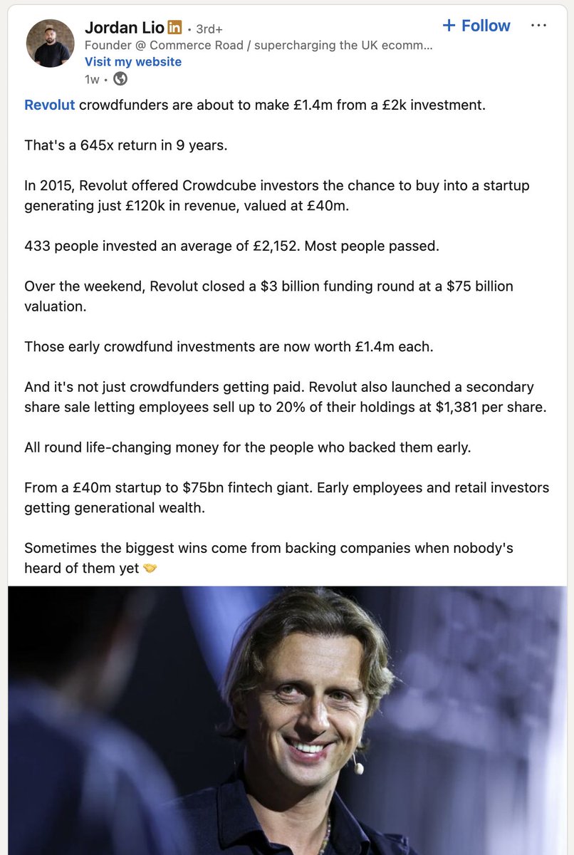 DeCryptoDudee's tweet image. GM
Got sent this LinkedIn article this morning by my friend Matthew, CEO of @Me3Labs, and it was quite an interesting and eye-opening read for me.
In 2015, @RevolutApp offered Crowdcube investors the chance to buy into a startup generating just $150K in revenue, valued at $52M…