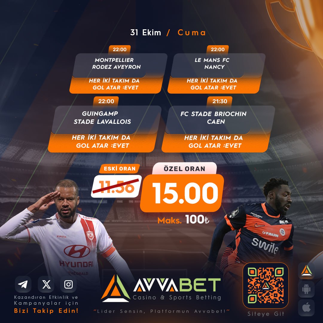 📣 #Avvabet Özel Oranlar Sunar !

🔔Futbol Karşılaşmalarına Özel Kupon Özel Oranlar Avvabet ' te !

🔥 Avvabet Özel Oran:  15.00

Bu inanılmaz fırsatı kaçırma! Özel kupon ile daha yüksek kazanç şansı seni bekliyor.

🔗t.ly/AvvabetResmi

#guingamp #bahis #iddaa