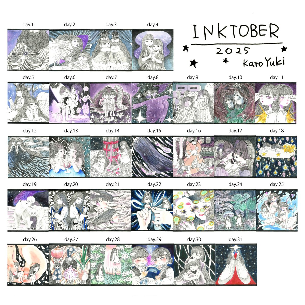 #インクトーバー2025
#Inktober2025 
1ヶ月、お疲れ様でした！ありがとうございました🫶
まとめ〜✨

お気に入りのお話は何日の子たちでしたでしょうか？🥰