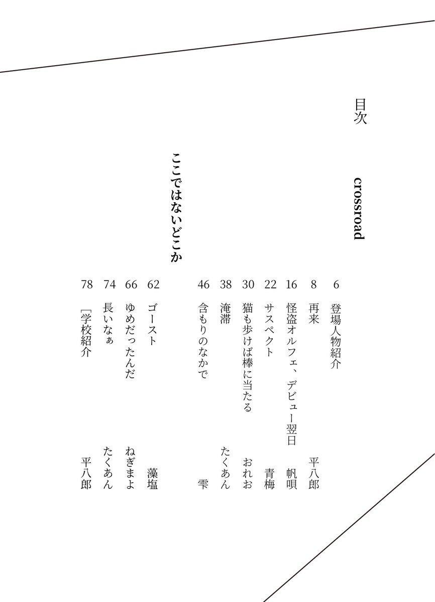 w_massken_b's tweet photo. 目次を先行公開！✏️

今回は、ぶんげい分科会員8人でオリジナルキャラクターを一人ずつ考え、出来上がった8人のキャラクターを元に各自がオリジナルの小説を執筆しました。

タイトルの『CROSSROAD』は、それぞれのキャラクターが交差する場所となる本作を示しています✨

#出版サークル #早大マス研 https://t.co/BQZGuyRqfr