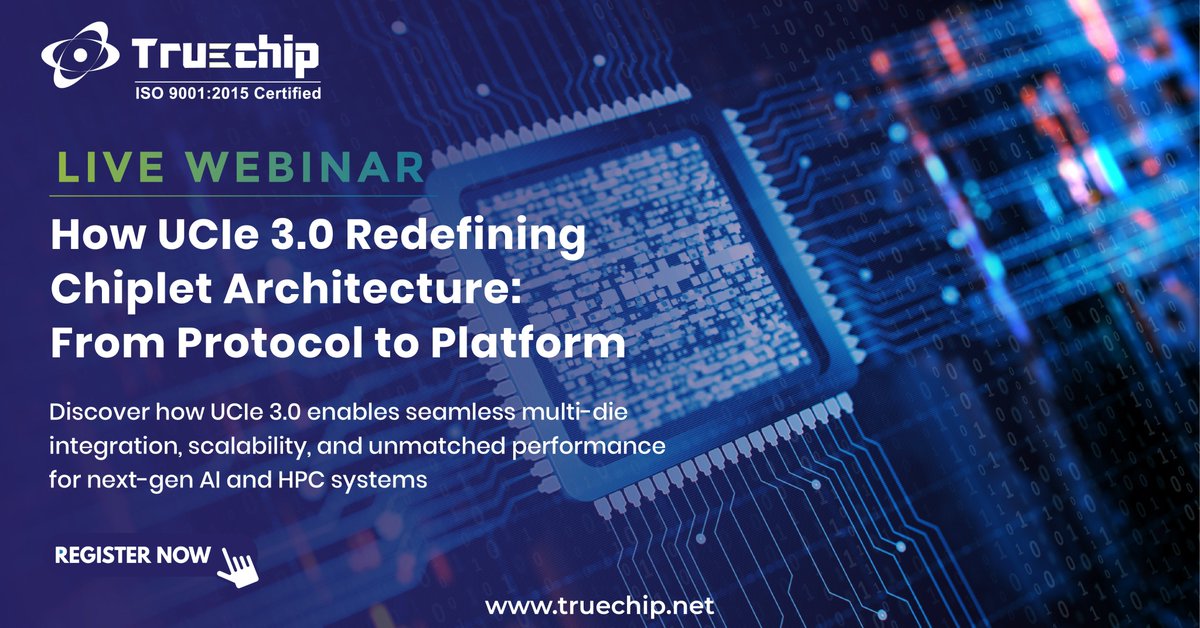 TruechipS's tweet image. UCIe 3.0 isn’t just an update, it’s a revolution in chiplet architecture.

From high-speed interconnects to complete platform-level integration, learn how this standard is shaping the future of semiconductors.

Register Now: truechip.net/webinars

#UCIewebinar #VerificationIP