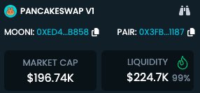 dextools.io/app/en/bnb/pai…
Our Mooni Project supported the $BNB ecosystem with a 100 #BNB burn. Due to #PancakeSwap v1 /v2 the project couldn’t continue as the LP couldn’t be migrated.

We’re relaunching $Mooni soon! Stay tuned for updates. 🚀 #Mooni #meme 
#Fairlaunch is our Motto!
