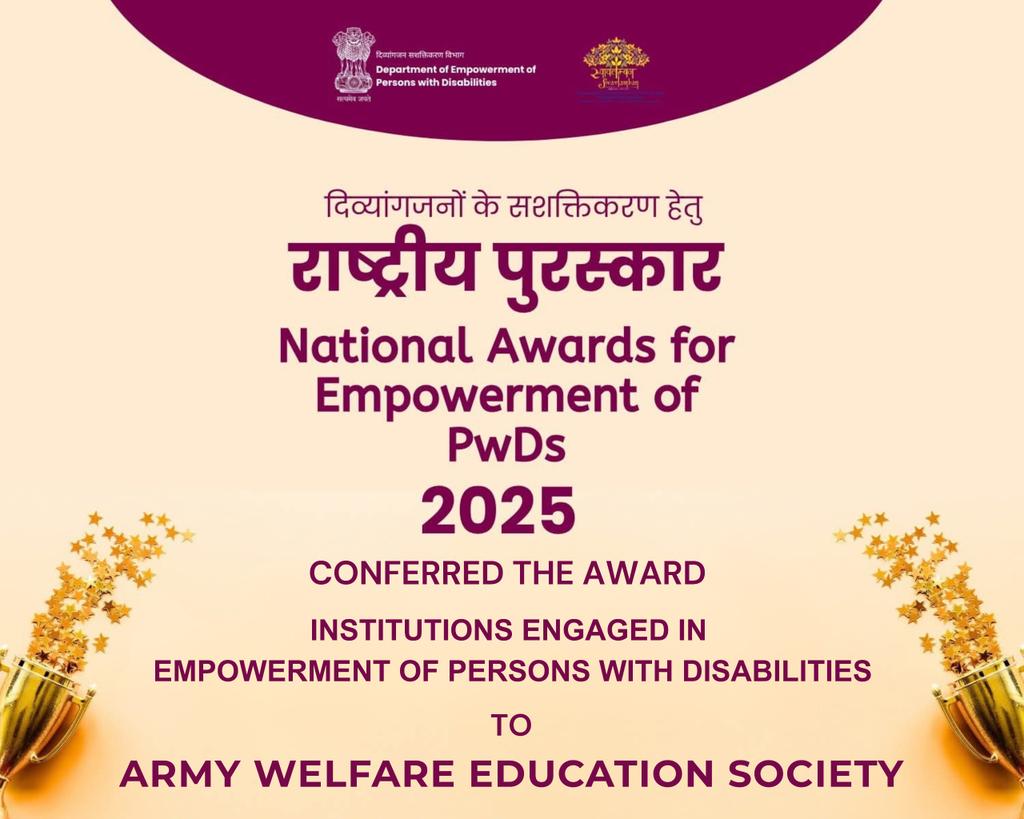 adgpi's tweet image. National Award for Inclusive Education

The Department of Empowerment of Persons with Disabilities, Ministry of Social Justice &amp;amp; Empowerment has awarded Army Welfare Education Society #AWES the National Award for implementing inclusive education. 

This recognition reflects…