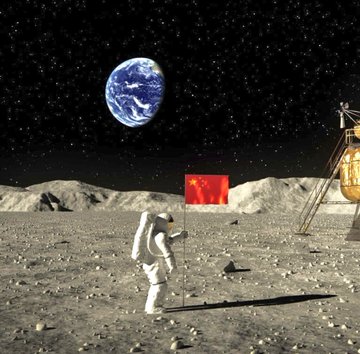 First image depicts lunar landscape with Earth visible in starry space, Chinese flag planted near lander module on moon surface, astronaut in suit standing beside flag. Second image shows man with blonde hair in dark suit blue tie speaking into microphone at crowded indoor event, American flag pin on lapel, surrounded by audience in red attire holding signs.