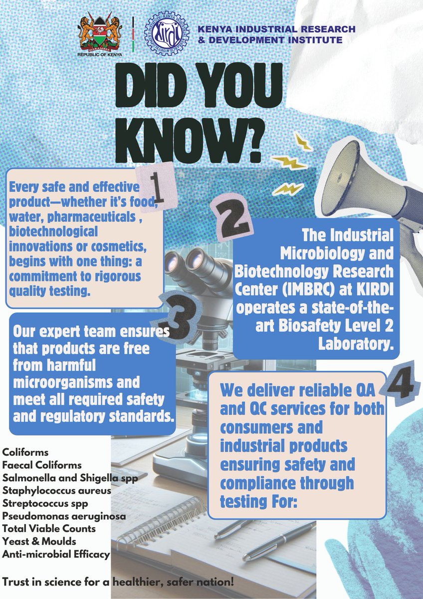 kirdi_kenya's tweet photo. Before that product reaches you, it survives our lab's microscopic gauntlet.
We test Food, Cosmetics, Water & more in our Biosafety Level 2 lab to ensure they are safe and effective. Your safety is our standard.
#ScienceYouCanTrust #IMBRC #KIRDI https://t.co/CJtJ4HXKFO