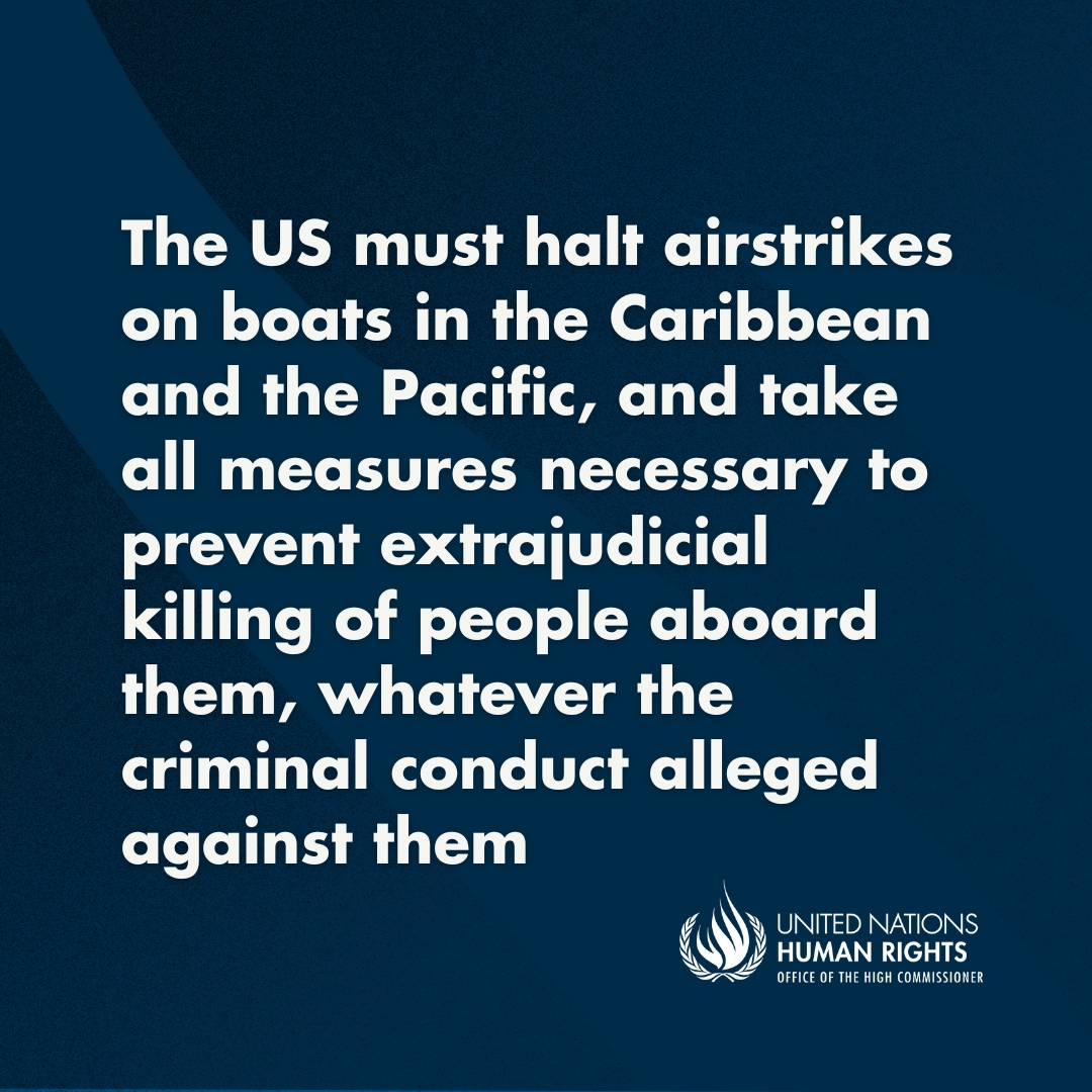 #USA: Airstrikes on boats in the Caribbean and the Pacific, allegedly linked to drug trafficking, violate international human rights law &amp; are unacceptable.  

The authorities must maintain use of well-established law enforcement methods to respond to alleged illicit trafficking,