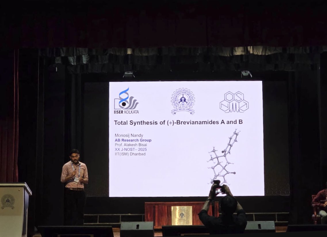 monosijnandy's tweet image. Shared the story of brevianamides at XX J-NOST 2025 at IIT (ISM) Dhanbad — observing nature through total synthesis. ☘️ @NOST_India @AB_Group_IISER @IITISM_DHANBAD