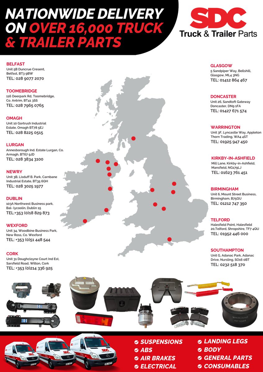 SDCParts's tweet image. SDC Truck &amp;amp; Trailer Parts operate across the UK &amp;amp; Ireland ensuring fast response times and excellent availability across our full range of industry-leading #parts for all vehicle makes and models.

Contact your local SDC Truck &amp;amp; Trailer Parts depot to discuss your requirements.
