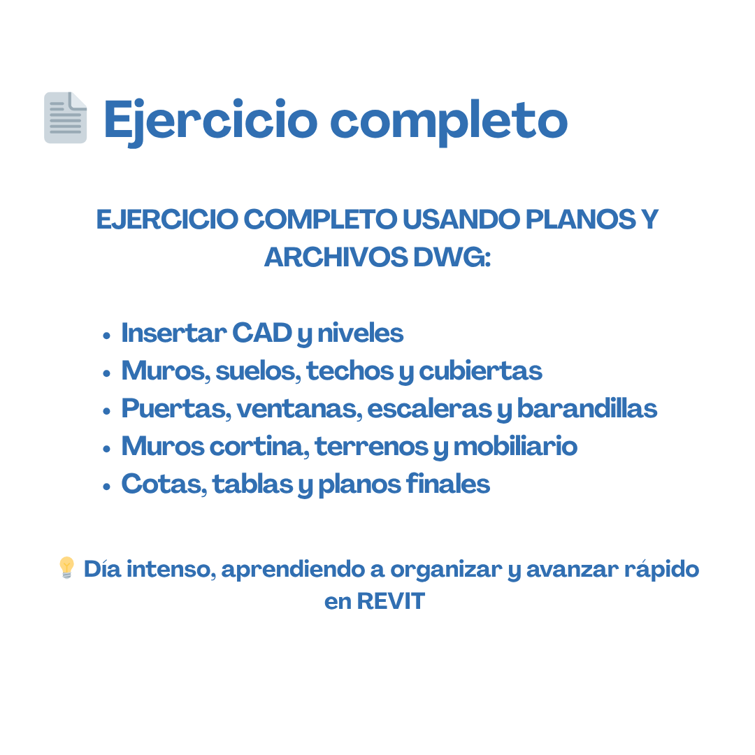 ✅ Proyecto Completo | Revit Básico – Día 10

Hoy cerramos un ejercicio completo: muros, suelos, techos y cubiertas; puertas, ventanas, escaleras y barandillas; muros cortina, terrenos y mobiliario; y finalmente cotas, tablas y planos. Todo el proyecto organizado paso a paso.