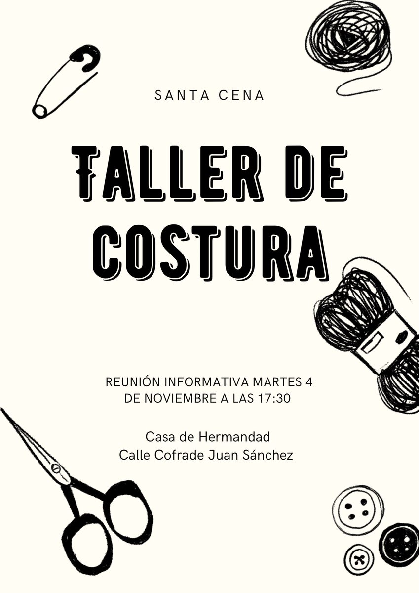 ✂️ Taller de Costura en la Hermandad
Comienza un nuevo taller de costura en nuestra Hermandad. La primera cita tendrá lugar el próximo 4 de noviembre a las 17:30 h, para todas aquellas personas que deseen participar.

¡Os esperamos a todos en la Hermandad!