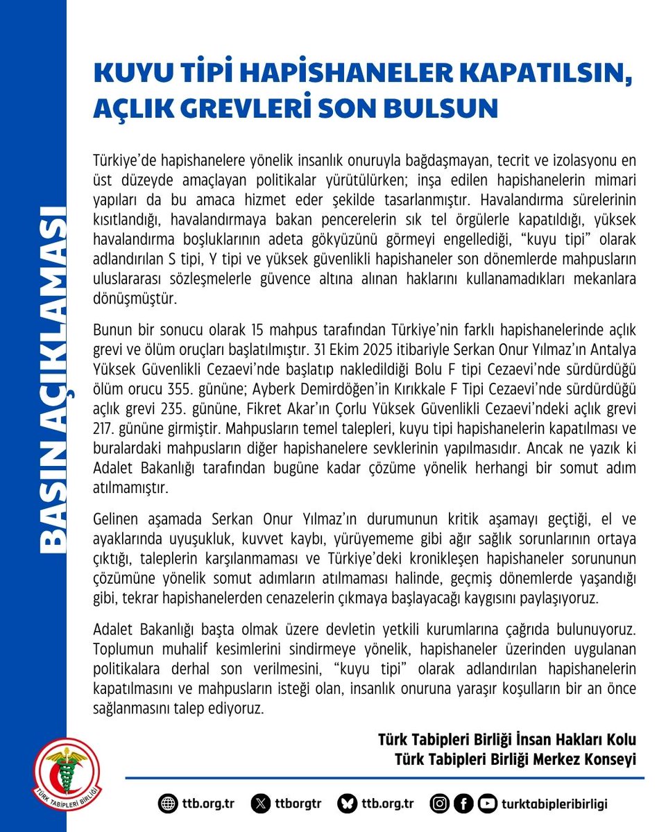 Kuyu Tipi Hapishaneler Kapatılsın, Açlık Grevleri Son Bulsun

Türkiye’de hapishanelere yönelik insanlık onuruyla bağdaşmayan, tecrit ve izolasyonu en üst düzeyde amaçlayan politikalar yürütülürken; inşa edilen hapishanelerin mimari yapıları da bu amaca hizmet eder şekilde