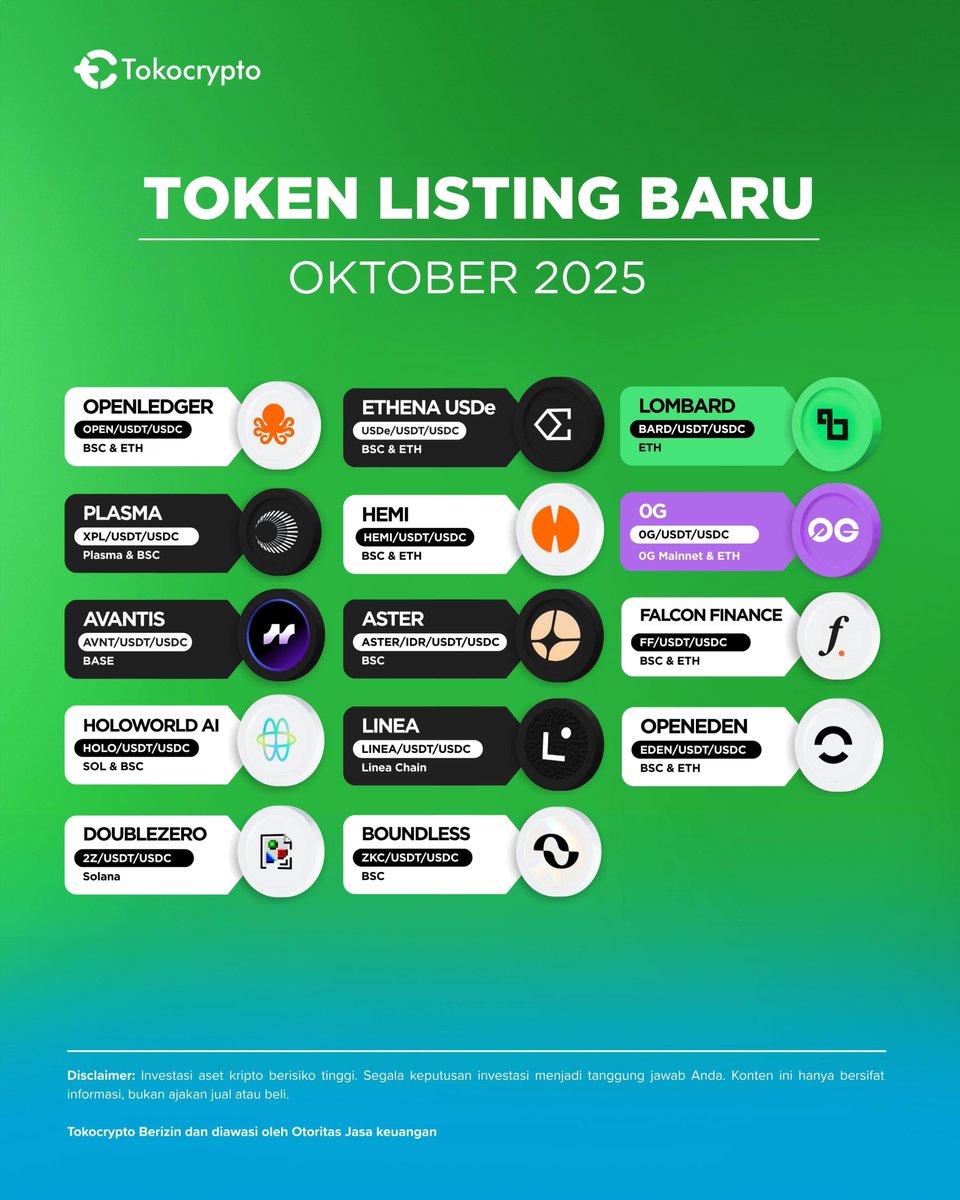 Recap token listing di bulan Oktober 🚀 🔥 Ada total 14 token baru yang  siap kasih warna di portofolio kamu. 🚀Mulai dari project AI, DeFi, sampai  RWA, semua hadir di Tokocrypto! Token