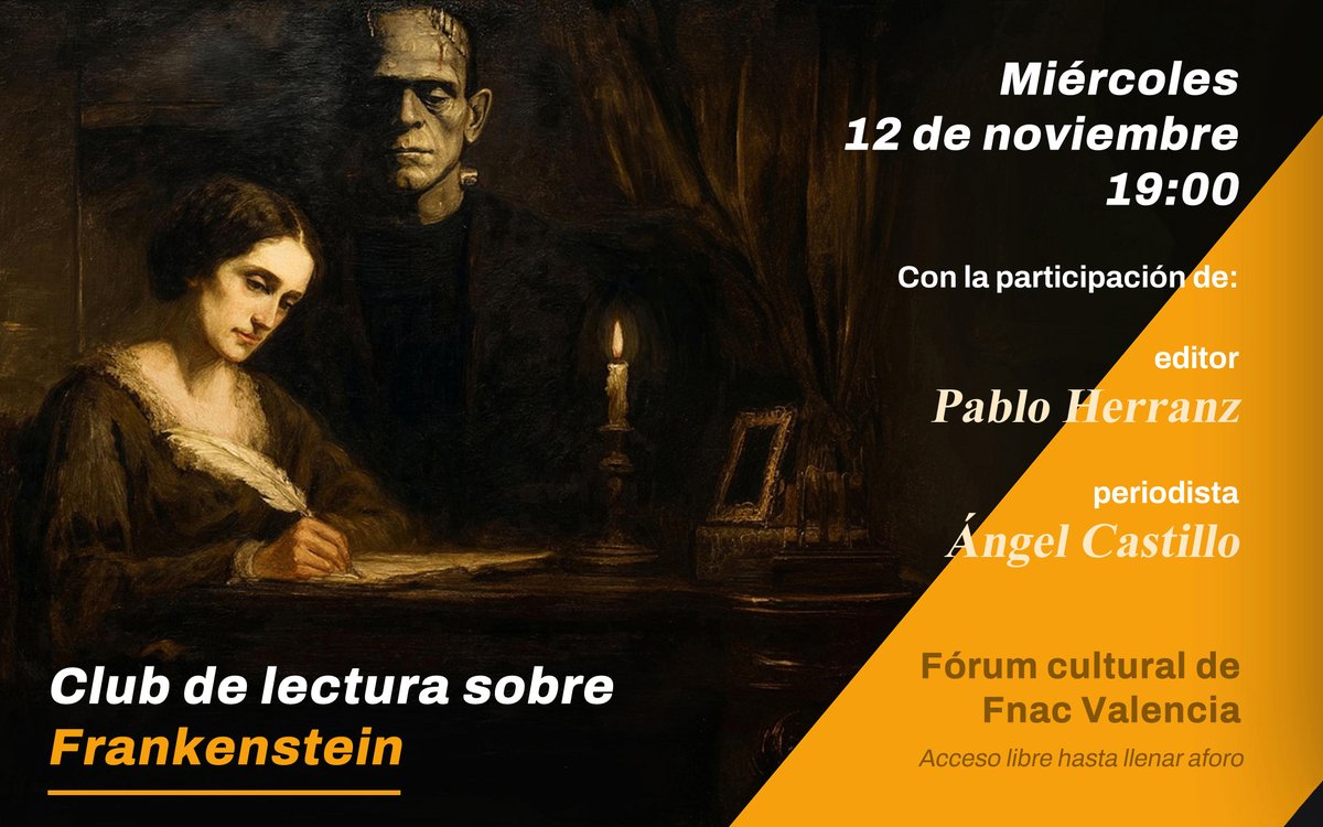 CLUB DE LECTURA 🎬📚 Con motivo del estreno de la última versión cinematográfica de "Frankenstein", el siguiente encuentro del "Club de lectura para amantes del cine" estará dedicado al magistral clásico de la escritora británica Mary Shelley. Será una interesante y amena