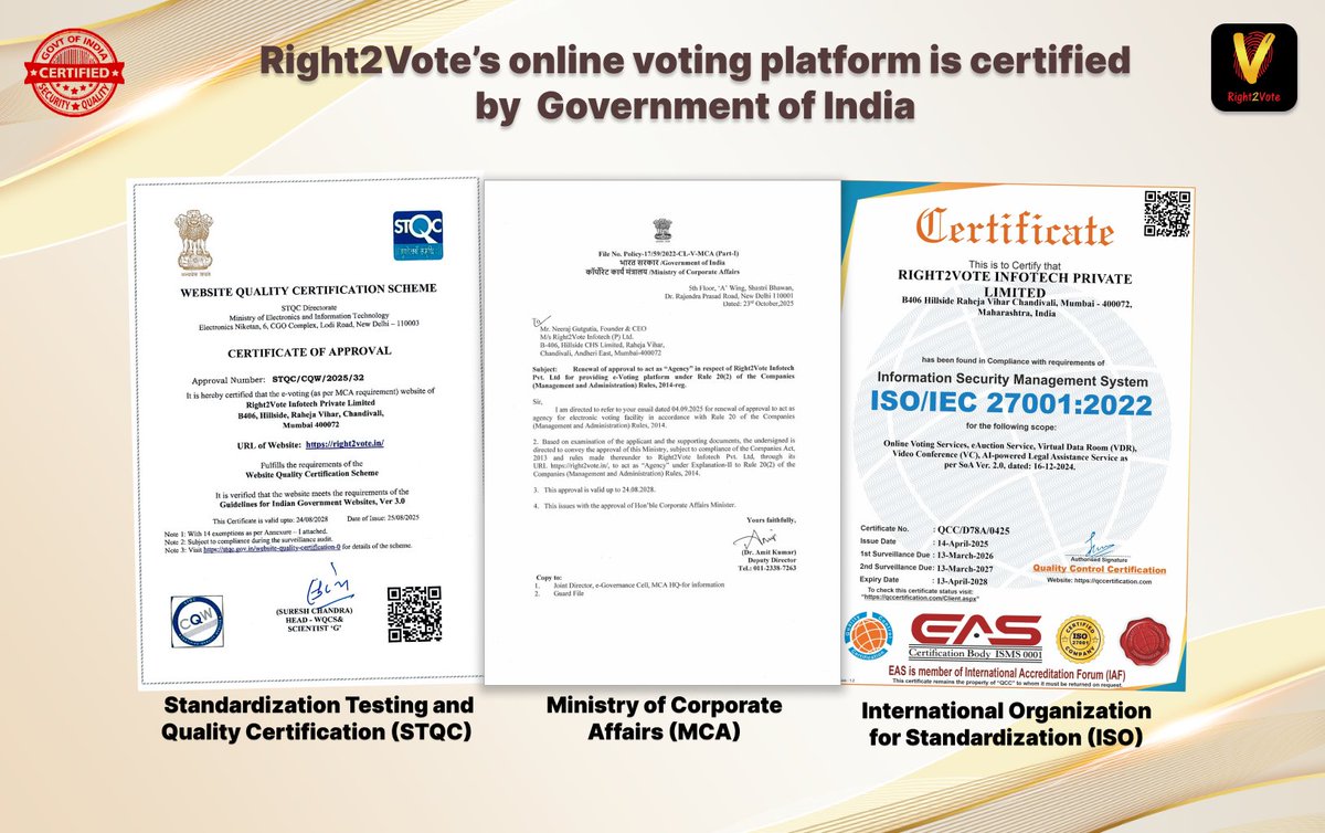 right2vote_in's tweet image. Our press release is featured in The Tribune &amp;amp; The Wire — eVoting now mandatory for associations via STQC-certified &amp;amp; MCA-approved agencies.
🔗 Tribune -tribuneindia.com/news/business/…

🔗 Wire- thewire.in/ptiprnews/evot…

#Right2Vote #eVoting #DigitalDemocracy