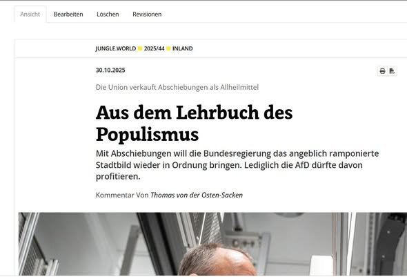 "Dann liegt das daran, dass eben noch nicht genug abgeschoben wurde. Das funktioniert so lange, wie es gelingt, einen weitgehenden Konsens herzustellen, der diesen willkürlich kon­struierten Ursache-Wirkung-Nexus nicht hinterfragt."  jungle.world/artikel/2025/4…