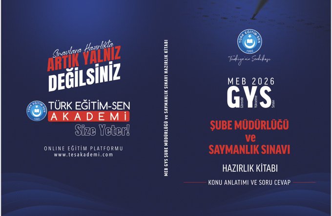 Book cover with blue background featuring title Savran Hazırlık Sınavı Yalnız Değilsiniz in white and red text above Türk Eğitim-Sen Akademi logo and MEB 2026 GYS text on the front side while the back side shows details on online education platform tesakademi.com preparation book for branch directorship and deputy directorship exams with content on topic explanations sample questions and answer keys