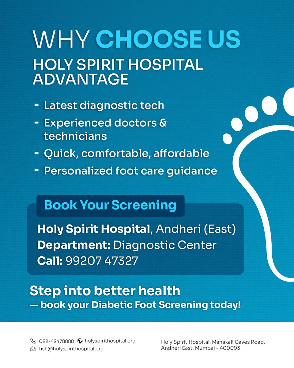 :👣 Diabetic Foot Screening

Diabetes can silently damage your feet — early screening prevents ulcers and amputations.

💙 Get a quick, painless Smartdop XT 14 test at Holy Spirit Hospital.
📞 99207 47327

#HolySpiritHospital #DiabeticFootCare #HealthyFeetHealthyLife