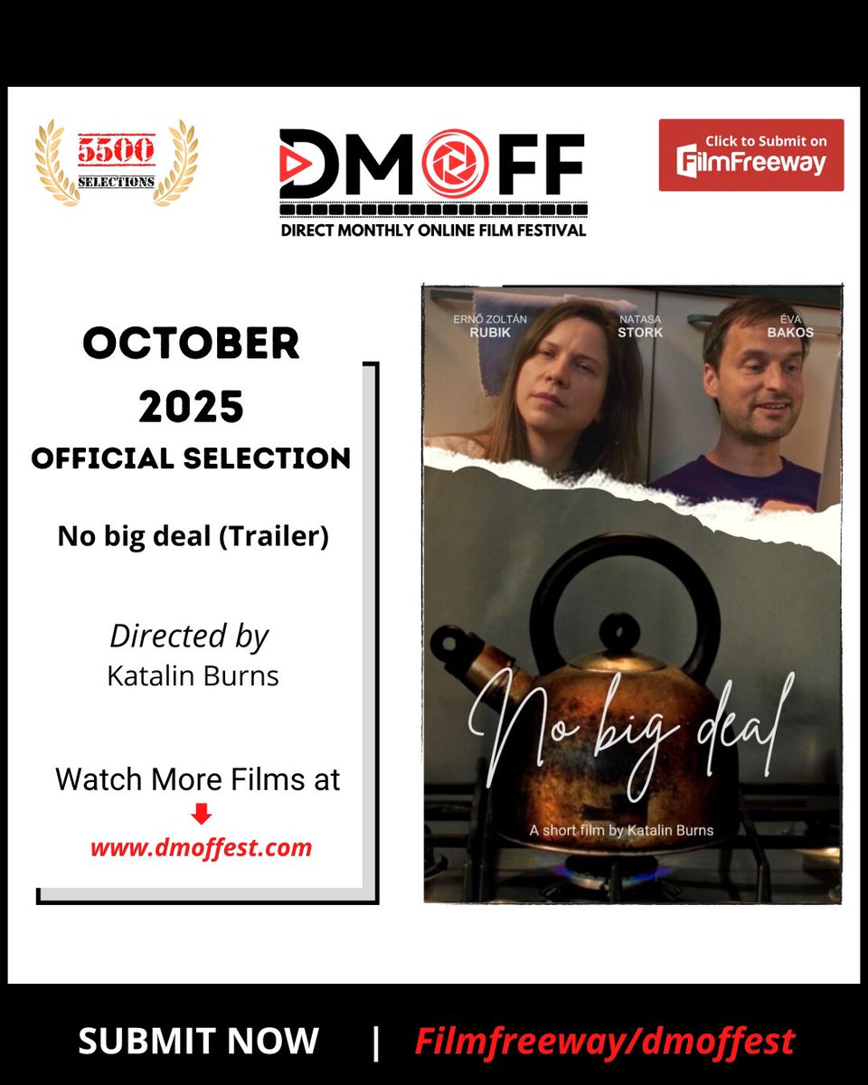 🎬 Watch the emotional trailer
No big deal
Directed by Katalin Burns
Officially selected for the October 2025 edition of Direct Monthly Online Film Festival.

📽 Watch here: dmoffest.com/no-big-deal-tr…

#DMOFF #DMOFFEST #DMOFFESTIVAL