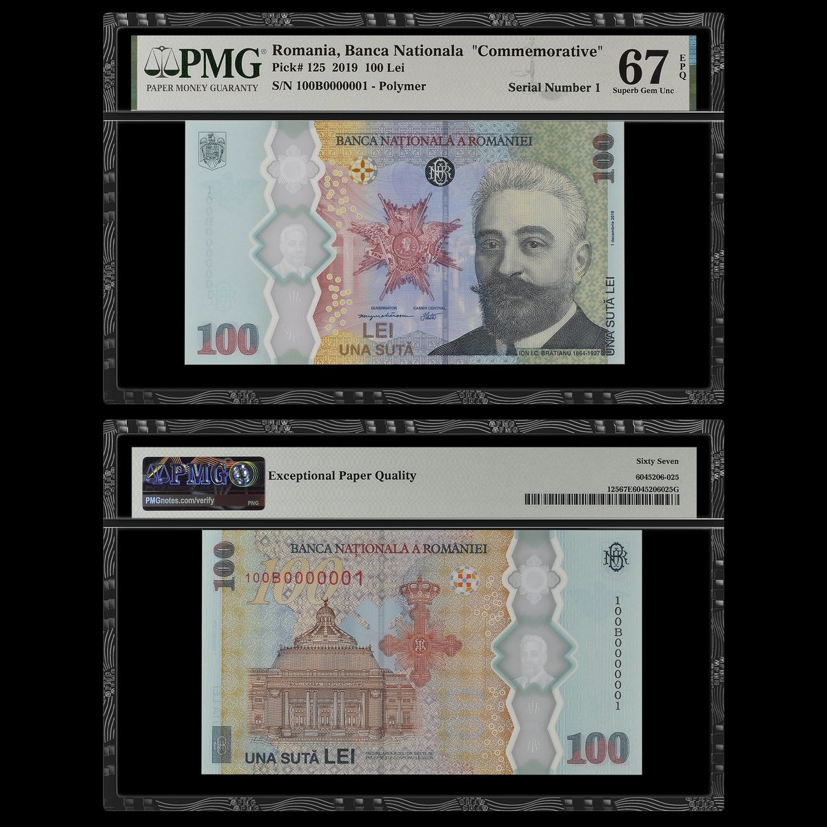 PMGnotes's tweet image. Note of the Day: For #FancyFriday, here’s a Romania 2019 100 Lei with a Serial Number 1. This note realized $5,040 at an auction in 2022. Learn more about Serial Number 1 notes in this PMG column: PMGnotes.com/news/article/1… #rarenotes #currency #romania #lei #one #papermoney