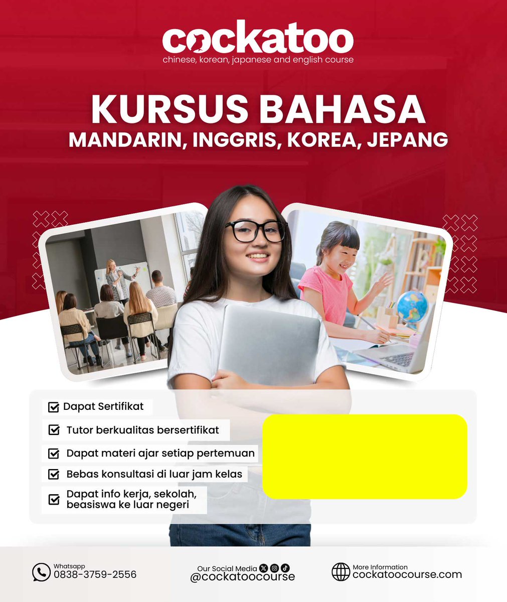 Belajar bahasa asing jadi lebih mudah bareng Cockatoo Course! 🗣️
Latih kemampuan bahasa Mandarin, Inggris, Korea, &amp; Jepang dengan pengajar profesional dan dukungan belajar fleksibel.
✨ Siap wujudkan impian studi &amp; karier internasionalmu!
🌐 cockatoocourse.com