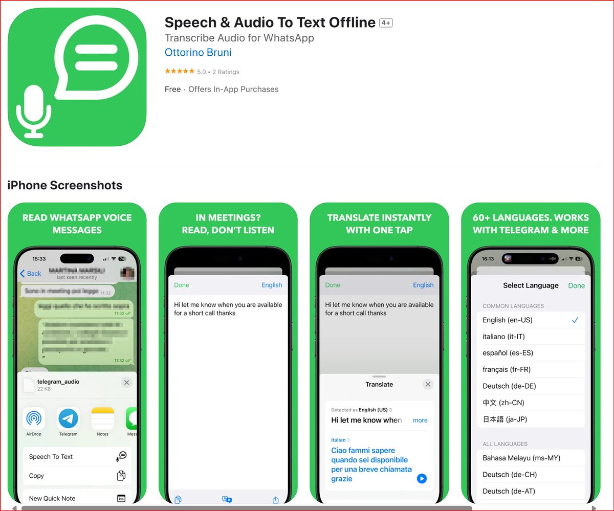 ottorinobruni's tweet image. 🎙️ Turn your voice into text in seconds!
Speech &amp;amp; Audio To Text Offline 📝 works 100% offline  no ads, no tracking, just privacy.
Perfect for WhatsApp, Telegram, or daily notes.
🔗 apps.apple.com/us/app/speech-…
#indiedev #VoiceToText #privacyfirst