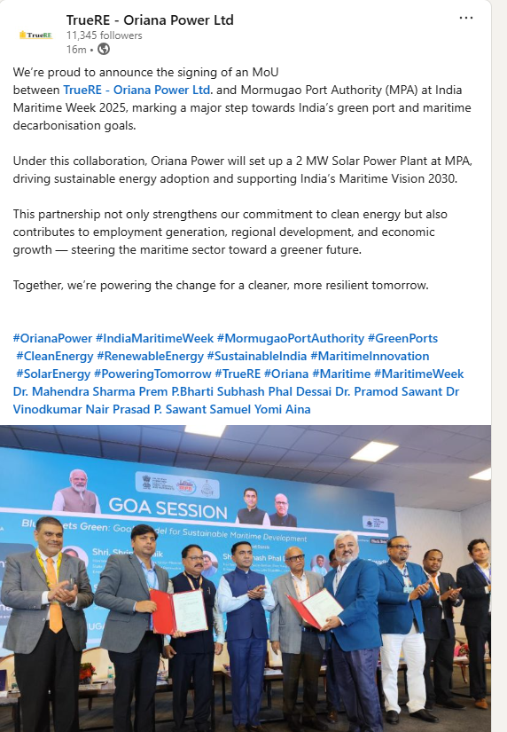 SathyeshBhat's tweet photo. #OrianaPower
MoU between Oriana Power and Mormugao Port Authority ✅
Oriana is working with clients for India's Green port and maritme decarobnisation
A 2MW Solar Power plant.
Start small and then grow it - is the game.
FYI - Mormugao is Goa's chief port.
#Oriana #TrueRE