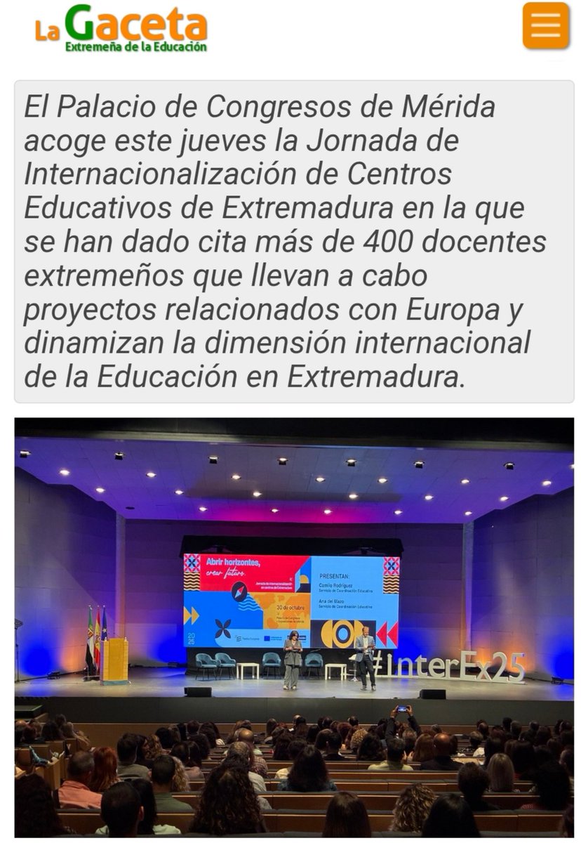 ⏩Más de 400 docentes participan en un encuentro regional para impulsar la dimensión internacional de sus centros educativos y dar a conocer los proyectos y programas desarrollados
lagaceta.educarex.es/leer/docentes-…