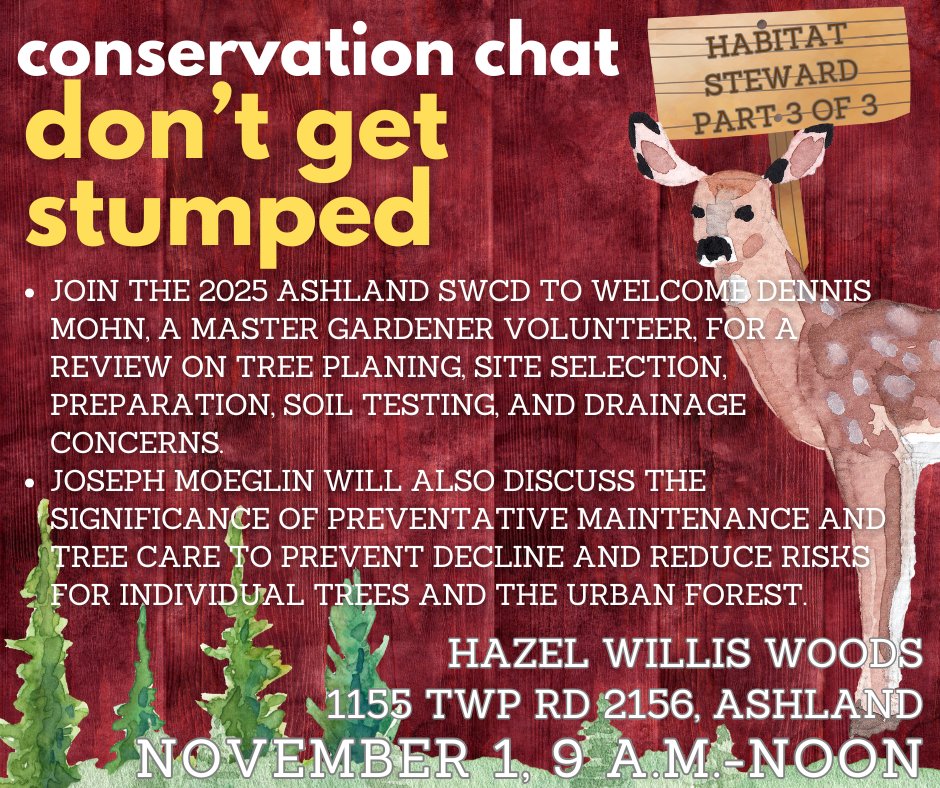 AshlandSWCD's tweet image. Don&apos;t be a sap and miss out on our tree-mendous Conservation Chat! 🌳🍃 Get ready to branch out and learn all about tree care, selection, and maintenance. Don&apos;t get stumped, sign up today! #TreeCare #BranchOut #ConservationChat 🌲