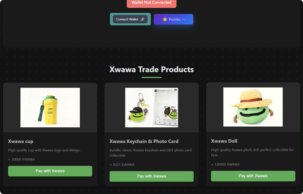 Xwawa启动商城dapp：Xwawa.meme

目前调整了合适价格，感兴趣的可以去购买喜欢的周边，转盘积分兑换NFT也做了下调，是给转盘次数多的用户小福利

商城新品：钥匙扣+合影卡 仅需要4321个Xwawa（价值不到1U），合影卡会激活摄影大赛的活动，参与就可以获得更多Xwawa，数量有限先到先得