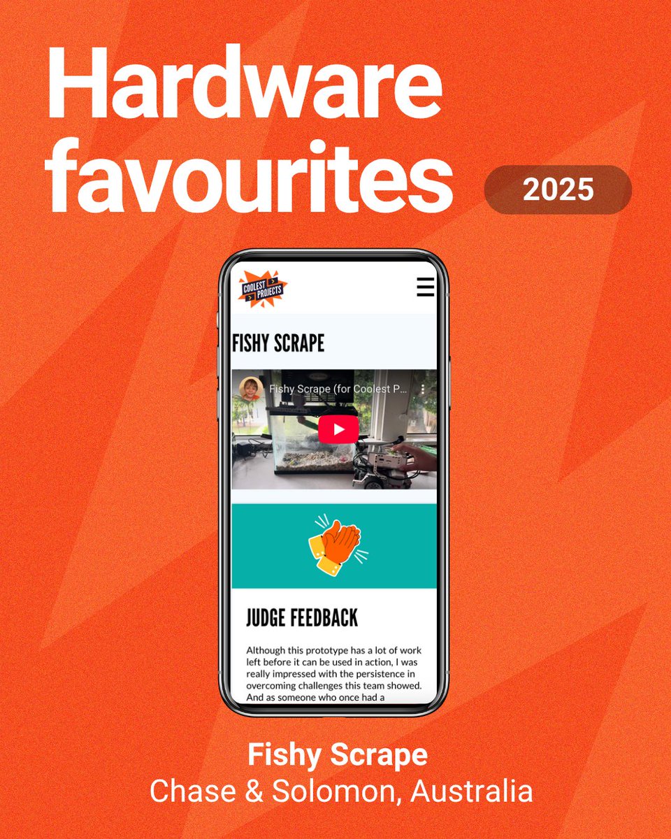 CoolestProjects's tweet image. 🎉 Project spotlight: Fishy Scrape
Invented by Chase & Solomon, Fishy Scrape is a clever prototype robot that aims to make cleaning fishtanks easier 🐟 
Check it out: rpf.io/cp-fishy-scrape
#CoolestProjects #CodingForKids #KidsWhoCode #Hardware