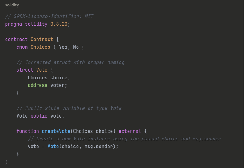 Jiberish_eth's tweet image. grinding some solidity fundamentals today, revisiting Structs to really hammer them in.

What are you guys up to this friday? #solidity #soliditydev #web3 #learninpublic