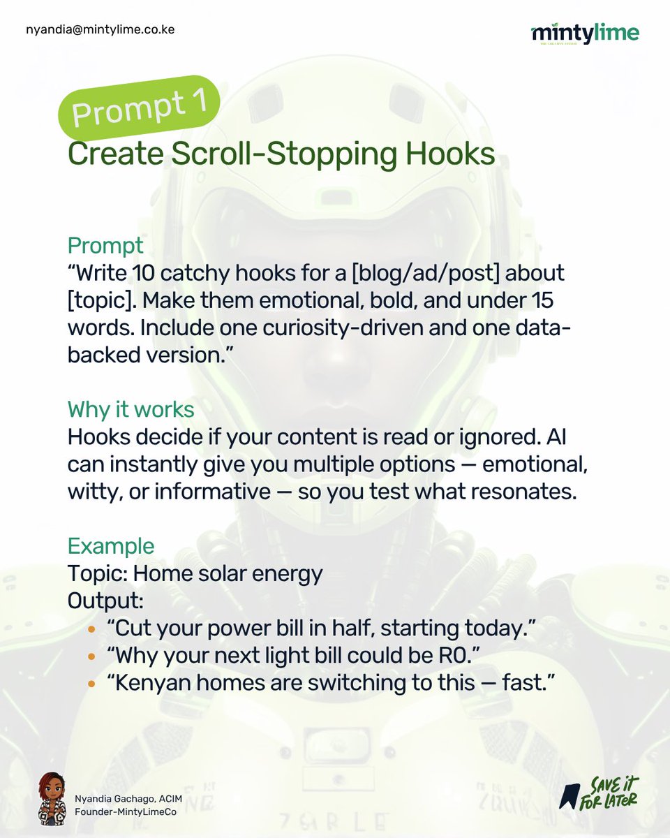 Nyandia_G's tweet image. AI isn’t the problem.
Your prompts are.

7 prompts that’ll instantly upgrade your marketing copy 👇

1️⃣ Hooks that slap
2️⃣ Brand tone that sticks
3️⃣ Features → benefits
4️⃣ Pain points → persuasion
5️⃣ Copy → cross-platform
6️⃣ Jargon → clarity
7️⃣ Boring → gone

#AIcopywriting…