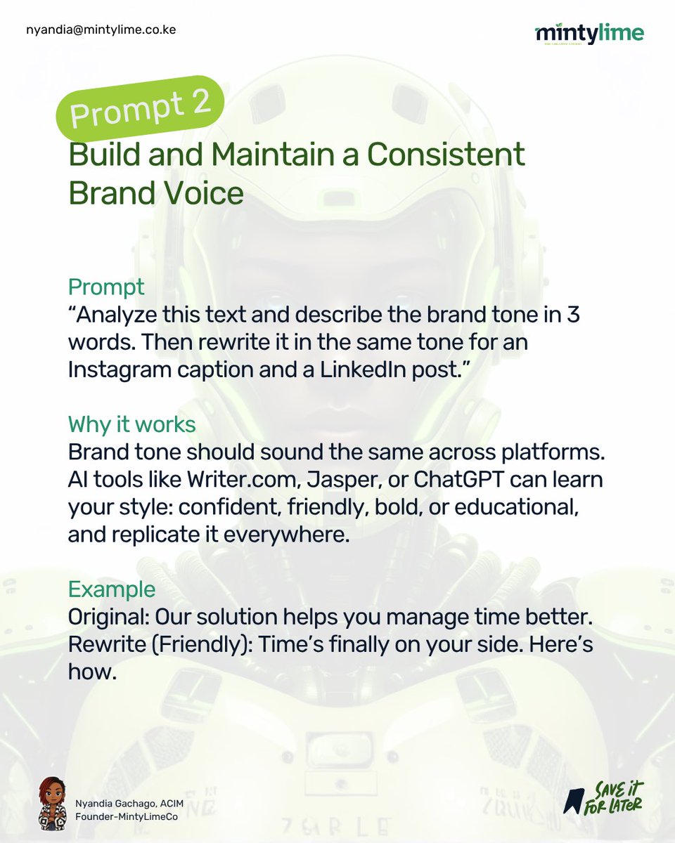 Nyandia_G's tweet image. AI isn’t the problem.
Your prompts are.

7 prompts that’ll instantly upgrade your marketing copy 👇

1️⃣ Hooks that slap
2️⃣ Brand tone that sticks
3️⃣ Features → benefits
4️⃣ Pain points → persuasion
5️⃣ Copy → cross-platform
6️⃣ Jargon → clarity
7️⃣ Boring → gone

#AIcopywriting…