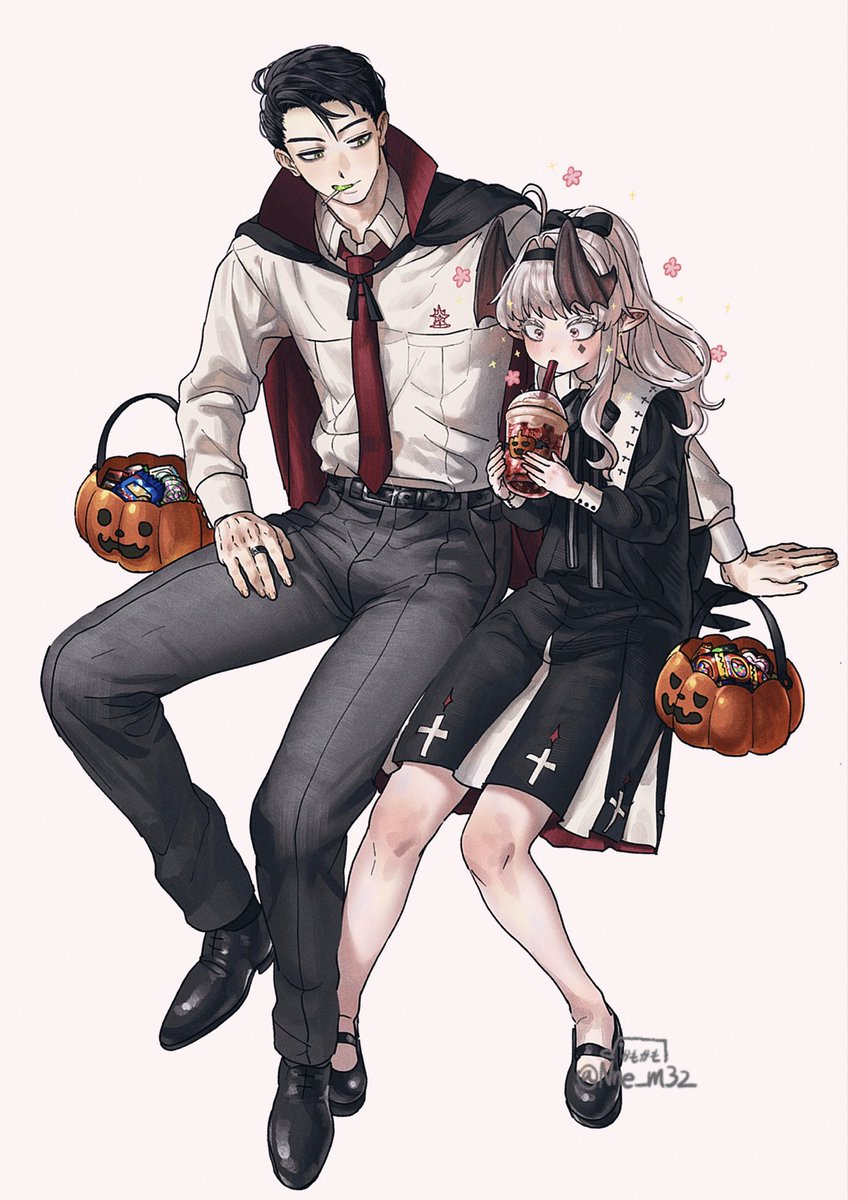 Nne_m32's tweet image. #イラスト
#OC  
ハロウィンパーティーの合間の休憩時間
