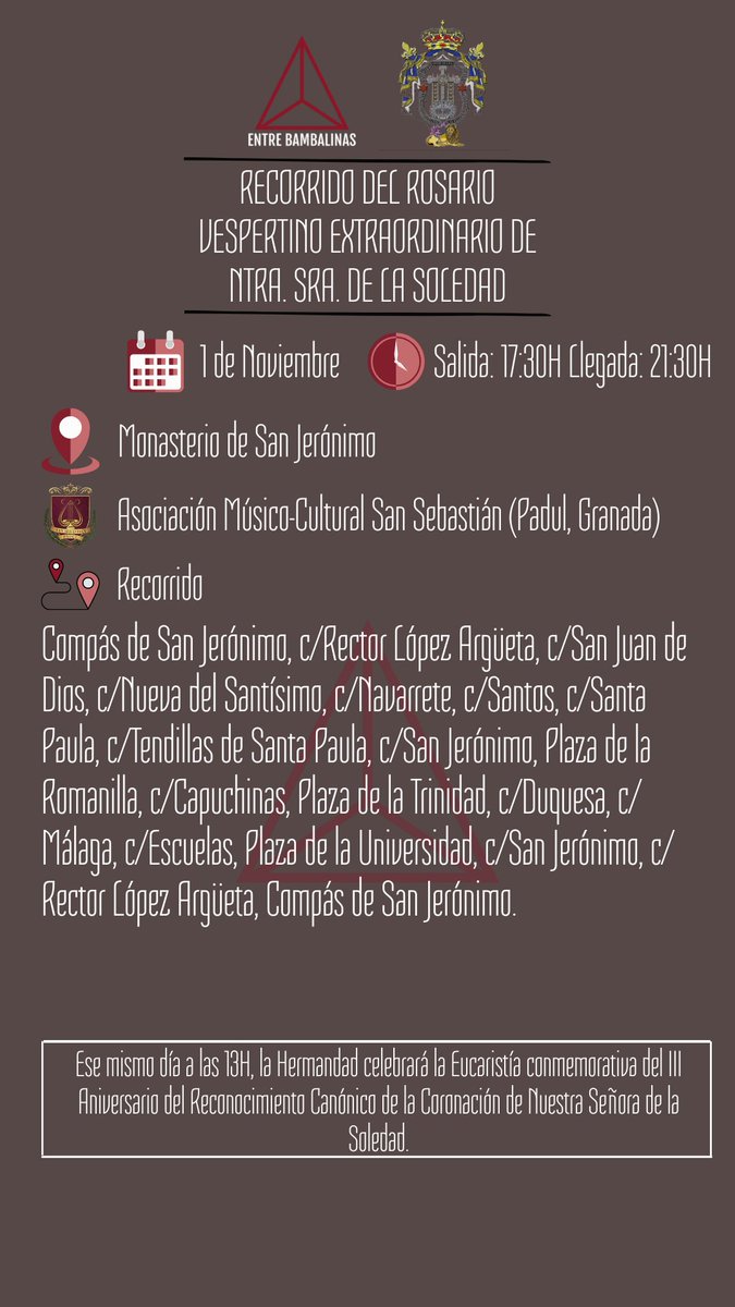 El próximo sábado 1 de Noviembre Nuestra Señora de la Soledad saldrá desde el Monasterio de San Jerónimo con motivo del rezo del Rosario de la <a href="/Hdad_ChiasGR/">Soledad y Descendimiento</a>. Estará acompañado musicalmente por la <a href="/bandapadul/">Banda San Sebastián</a>.
|#SyD_EB|