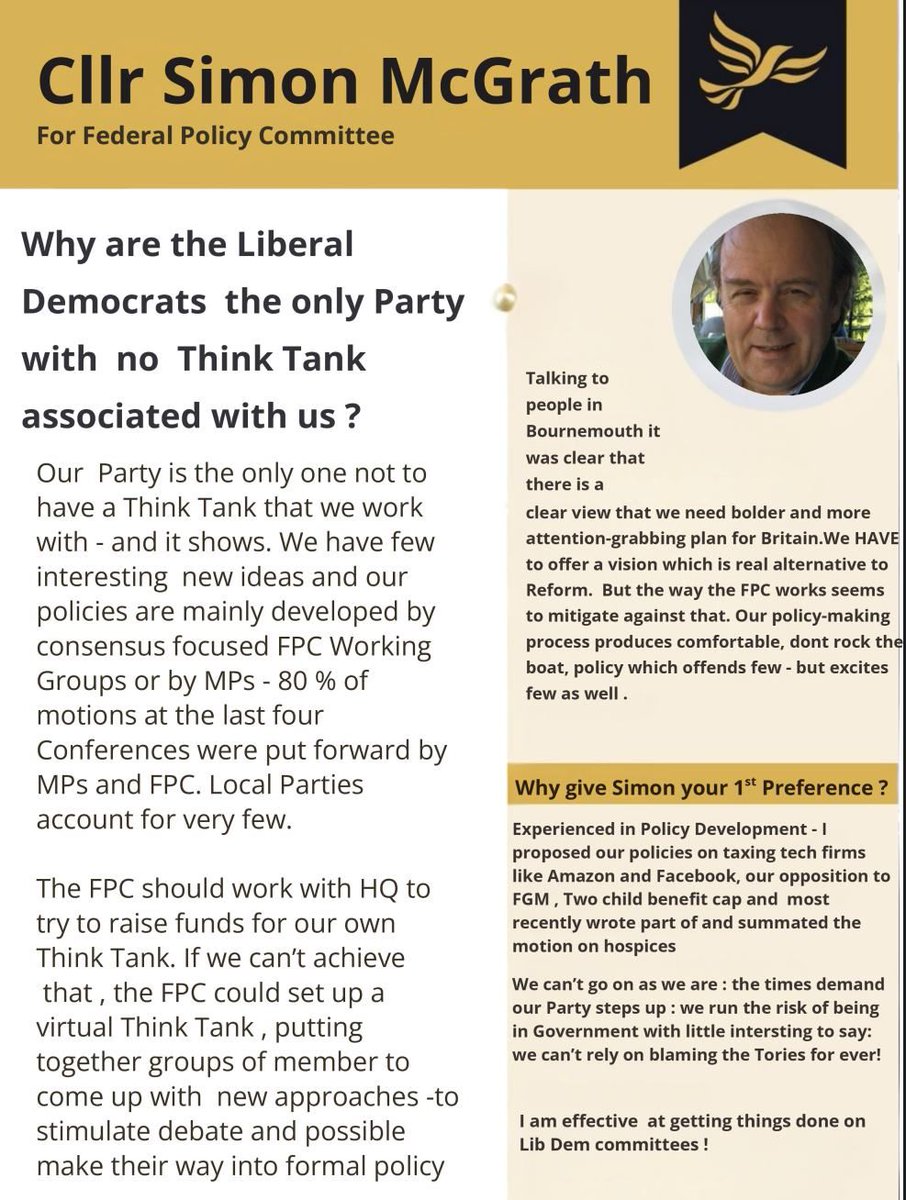 If you think the Lib Dems need  our own Think Tank, Vote Simon McGrath for FPC